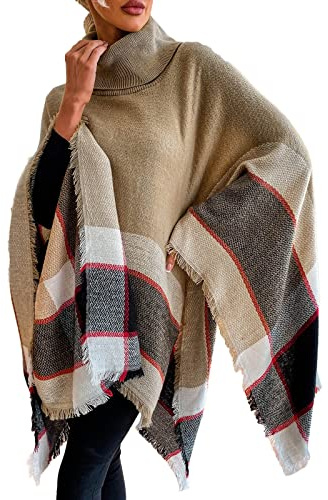 Poncho d'hiver pour femme avec col roulé Poncho en tricot pour femme Cardigans d'hiver doux en cachemire Poncho d'hiver à carreaux Élégant Écharpe en coton Écharpe d'hiver Écharpe en