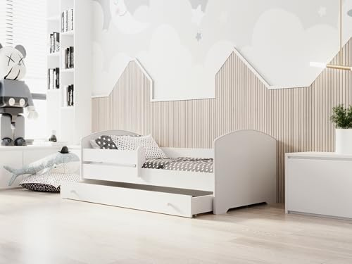 KOBI Cama para niños LUK 140x70 en un Juego con un cajón Espacioso, barandilla, colchón y Marco, para una niña y un niño, para una habitación Infantil