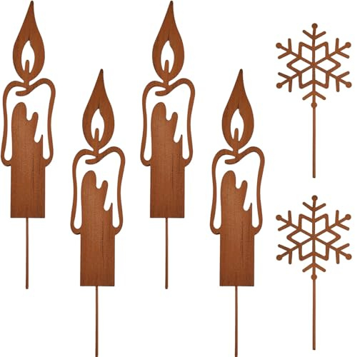 Gulfmew 6 Stück Metall Garten Roststecker Umfasst 4 Stück Kerzen Gartenstecker und 2 Stück Schneeflocken Gartendeko Stecker Rost Gartendeko Rostoptik Weihnachtsdeko zum Advent Weihnachten Draußen