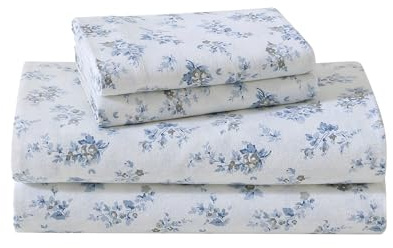 Laura Ashley - Juego de sábanas matrimonial, Ropa de Cama de Franela de algodón Cepillado para Mayor suavidad y Comodidad (Azul Audrey, matrimonial)