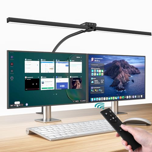 vatato Doppelkopf Schreibtischlampe LED, Dimmbar 24W 80CM Schreibtischlampe für Homeoffice, klemmbar Augenschutz Tageslichtlampe mit Fernbedienungen, 5 Farb 5 Helligkeit Büro Tischlampe (schwarz)