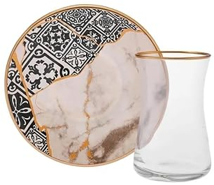 Karaca Aris - Set da tè turco per 6 persone, 12 tazze da tè turco e piattini, set di bicchieri da tè turco con dettagli dorati da 150 ml