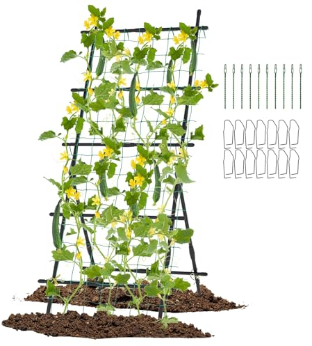 COSTWAY Gurke Rankhilfe Set, 187 cm, A-förmig, Pflanzenhalter mit Gartennetz & Clips, Rankgitter Metall, Pflanzenstütze für Kletterpflanzen Blumen Nutzpflanzen, Garten Outdoor, Schwarz