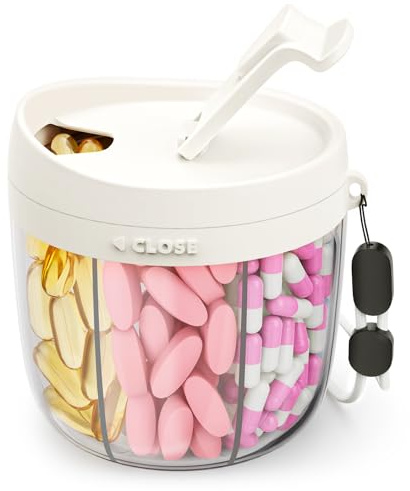 AMOOS Cute Pill Dispenser with 7 Large Compartments, Portable Pill Bottle Organizer with Wide Opening for Easy Use, Anti-Mix Pill Organizer for Travel, BPA-Free Pill Container, White