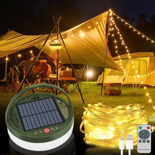 Solar Camping Lichterkette Aufrollbar, 13M 3600mAh Aufladbar Campinglampe | 3-in-1 USB Wiederaufladbare Tragbare Campinglampe Taschenlampe, Lichterkette Außen mit 8 Modi für Camping Wandern Outdoor