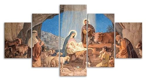 MHTGD Moderne Bilder Wohnzimmer 5 Teiliger Geburt von Jesus Christentum Poster Mit Rahmen Hd Für Heimdekoration Personalisierte Bilder Leinwandbilder Xxl