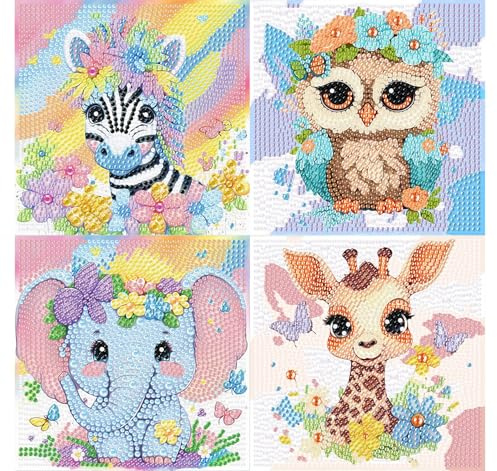 4er Set 5D Diamond Painting Kinder Tiere - Diamant Painting Bilder Kinder | Tiere DIY Mosaikherstellung Basteln Mädchen Junge 6 7 8 9 10 11 12 Jahre,Geschenk Kinder Ab 6 Jahre 15x15 cm