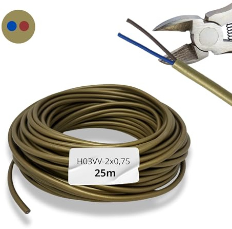 HALOTEC Câble Électrique Installation 25m | 2 Fils 2x0.75mm² H03VV-F PVC | Double Isolation | Rond | Doré Flexible | Conforme Norme CE | Sécurisé | Parfait pour Éclairage & Projets Domestiques