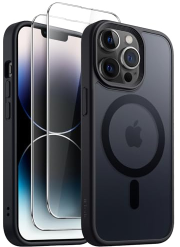 JETech 3 in 1 Magnetic Matte Case for iPhone 14 Pro Max, Black | Compatible with MagSafe, 2 Tempered Glass Screen Protectors, Translucent Matte Back, Shockproof Phone Cover