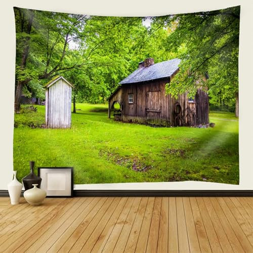 Bishilin Wandteppich Landschaft, Wandbehang 200x200 Holzhaus und Bäume Muster Wall Tapestry Wandteppiche Outdoor Kinderzimmer