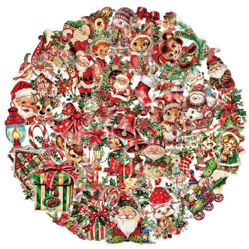 BETESSIN Vintage Aufkleber Weihnachten - 50 Stück Vinyl Weihnachtssticker mit Ästhetische Retro Mustern - Wasserfeste Weihnachtsaufkleber zum Gestalten von Weihnachtskarten, Scrapbook, Laptop