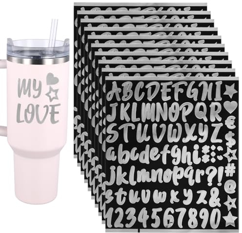 10pcs Alphabet Stickers, Waterproof Self Adhesive Alphabet Name Stickers Transfer Stickers Letter Number Name Stickers Easy to Use Decoration for Water Bottle Water Cup Scrapbooks(Silver)