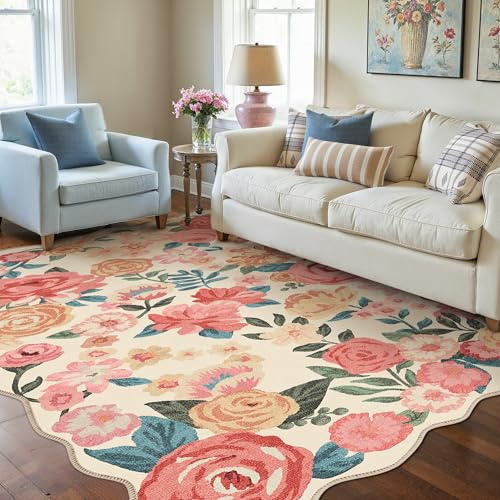 PureCozy Washable Floral Area Rug 5x7 Beige Living Room Carpet Scalloped Flower Non Slip Soft Bedroom Rug Farmhouse Low Pile Thin Indoor Floor Cover for Office Dining Room Kitchen Bathroom