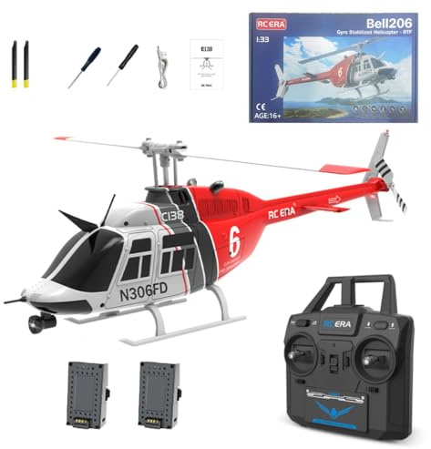 RCXTechPro RC ERA C138 Bell 206 RC-Helikopter für Erwachsene, 1:30, 6CH 6G/3D-Flips 6-Achsen-Gyro-Ferngesteuerter Hubschrauber Militärflugzeug mit Optischer Flusspositionierung – RTF / 2 Batterie