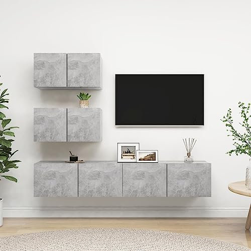 Gecheer TV-möbelset 4 st spånskiva grå cement, TV-skåp, modern vägg-TV-skåp, hängande TV-skåp, väggskåp, väggskåp, vardagsrum TV-vägg, TV-väggskåp, P3079130