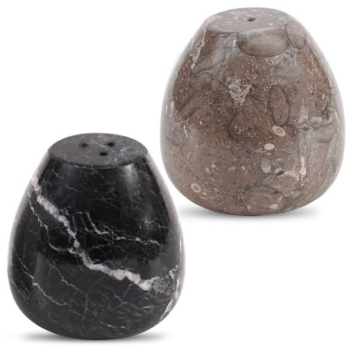 Earthen Crafts äggformat salt- och pepparkar set – handgjorda oceaniska och svarta 6,3 cm kryddbehållare – bondgårdsstil köksdekor och bordsförvaring