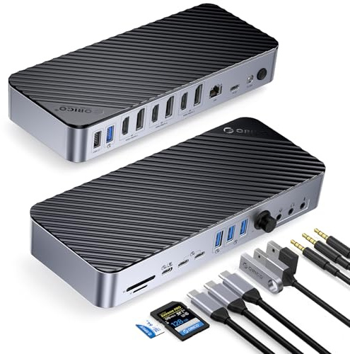 ORICO 22 EN 1 DisplayLink Docking Station, Hub USB C de Cuatro Pantallas con 3 DP/HDMI, Salida única 8K, 60W PD, USB C 3.2 18W PD, 2 Tipo C 3.2, USB A 3.2, 3 Tipo A 3.0, RJ45, 3 AUX