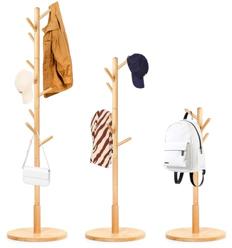 Relquorax Perchero de madera de haya maciza en forma de árbol para ropa, 9 ganchos, 185 x 38 x 38 cm, para chaquetas, sombreros, bolsos, entrada, pasillo, oficina, dormitorio (natural)