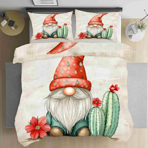 LLponhg Gnome Cactus Flower Queen Duvet Cover Set Brown Bedding Quilt Cover Set 3 Pieces Soft Breathable Microfiber Duvet Cover Set with Zipper Closure for Teens and Adults
