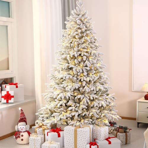 SHareconn 7ft Pre Lit Christmas Tree Snow Flocked Warm White Xmas Tree with 2250 PE&PVC Mixed Branch Tips, Artificial Christmas Tree with 8 Light Modes, 400 Warm White Lights and Foldable Stand