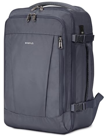 ECOHUB Zaino Ryanair 40x20x25, Zaino da Viaggio da 20L con 13 Tasche, Bagaglio a Mano, Borsa da Cabina per Voli, Zaino Donna Uomo in PET Riciclato per Trekking e Lavoro, Grigio Azzurro