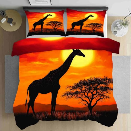 Dppyuxa Afrika Giraffe Bettbezug 155x220 Silhouette Baum Microfaser Weich | Bügelfreie Bettwäsche Set Natur Sonnenuntergang Deckenbezug Weich 2 Kissenbezüge 80x80 mit Reißverschluss