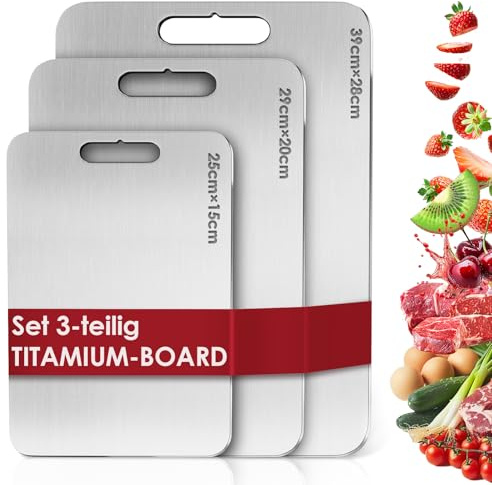 Titan Schneidebrett 3er Set - Antibakteriell & BPA-Frei - S316 Edelstahl mit Titan-Veredelung - Messerschonende Kuechenbretter fuer Fleisch, Obst & Gemuese - Spuelmaschinenfest