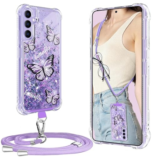 XCYYOO Cadena para teléfono móvil para Samsung Galaxy S25 FE con banda, funda para Samsung S25 FE con mariposa brillante y cadena TPU, a prueba de arañazos, transparente, a prueba de golpes, con