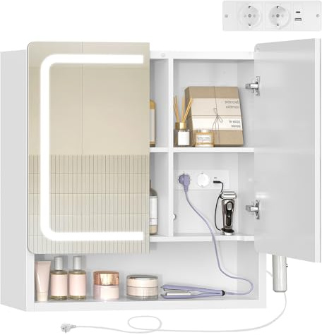 TEENFON Specchio Bagno Contenitore con Luce LED e Presa Elettrica, Mobile Bagno a Specchio con 2 Ante e Gancio Asciugacapelli, 3 Temperature di Luce Dimmerabili a Touch, Ripiani Regolabili, Bianco