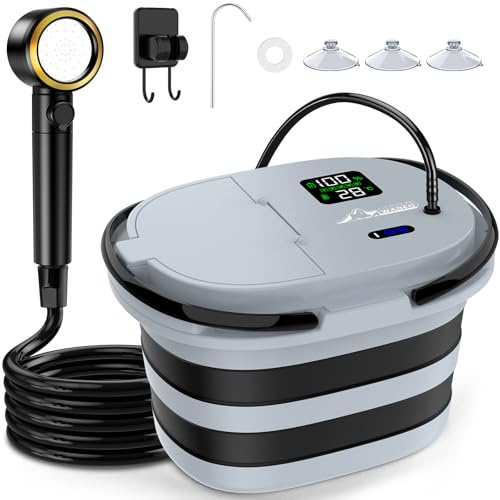 WADEO 2026 Nueva Ducha de Camping con Bomba integrada [13 000 mAh] y Cubo de Agua Plegable, 5 Niveles de Velocidad y 4 Tipos de Chorro, para Acampada, Autocaravana, Mascotas, Playa y jardín (Gris)
