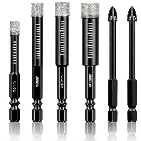 Diamond Drill Bit Set, Tile Drill Bits, 6/8/10/12mm Hex Shank, Suitable for Granite, Ceramic, Marble, Stone, and Glass (Black, 6 PCS)
