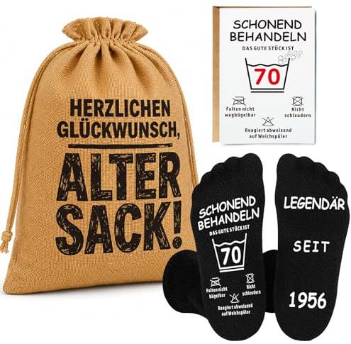 Gratitopia 70 Geburtstag Mann Geschenkset, Jutebeutel „Alter Sack“ 30 x 40 cm, lustige Socken mit Silikonprint & A6 Karte, Männer Geschenk zum 70. Geburtstag