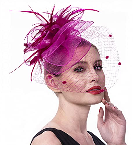 Copricapo fascinator floreale con piume in sinamay, per matrimonio, cocktail, festa di tè e derby e gare, da donna (A6-rosso rosato)