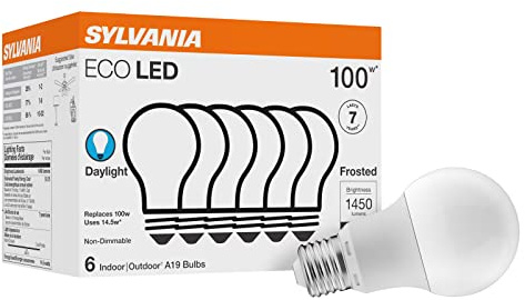 Sylvania ECO LED Light Bulb, A19, 100W Equivalent, Efficient 14.5W, 7 Year, 1450 Lumens, Frosted, 5000K, Daylight - 6 Pack (40884)