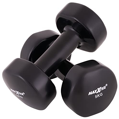 MAXXIVA Hantelset Kurzhanteln Vinyl Stahlkern Fausthanteln Gymnastikhanteln Sport Krafttraining Fitness Gewicht Farbe wählbar (schwarz (2 x 5 kg))