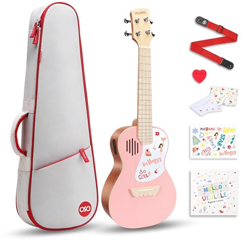 PICKAPICK Konzert-Ukulele, professionelles Mahagoni, 58,4 cm, für Anfänger, Starter-Set mit Gigbag, Unterrichtsbuch, Grußkarte, Plektrum und Gurt, Kirschrosa