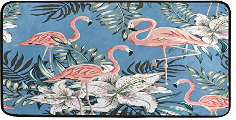 susiyo Flamingo Palm Leaves White Lily Kitchen Rug Floor Mat Non-Slip Anti Fatigue Memory Foam Comfort Standing Mats for Entryway Hallway Bathroom Welcome Doormat 39x20inch
