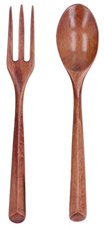 Alvinlite Salatbesteck Holz Löffel Gabel, 2-teiliges Natürlich Hölzern Löffel Gabel Set, Schöpflöffel und Gabel, Lange Griff japanisch Stil Besteck Set, Holzbesteck Salatgabel Salatlöffel
