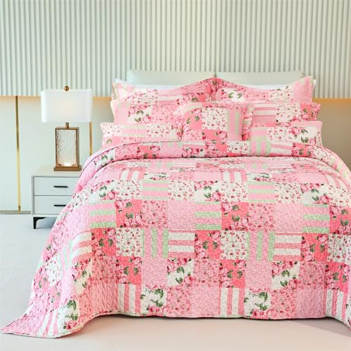 Cmfshape Gesteppte Tagesdecke mit Blumenmuster und 2 Kissenbezügen, Queen-Size-Größe, Patchwork-Rosa, 3-teiliges Steppdecken-Set, leicht, wendbar, für alle Jahreszeiten (Queen-Size-Bett, 239 x 244 cm,