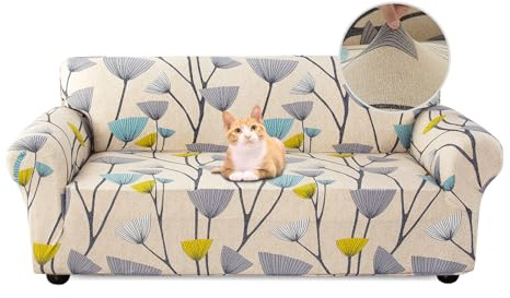 Jaotto Copridivano 2 Posti Elasticizzato, Fodera per Divano Elasticizzato Fantasia Antiscivolo Antimacchia, Copridivano con Braccioli Tessuto Super Morbido Universale(Foglie Beige,2 Posti)