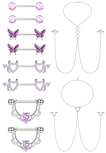 Kakonia 5Paar 14G Nippelpiercing für Damen Chirurgenstahl Schwarz Silber Edelstah Glitzer Pink Brustwarzenpiercing Herz Schmetterling Nippelringe Kette Zirkonia Set für Damen Heren
