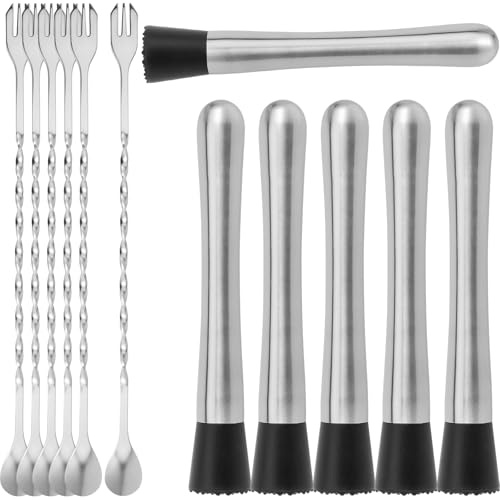 JEUIHAU 12 Pcs Muddler for Cocktails, 8 Muddler and 10 Long Handle Bar Cocktail Mixing Spoon Stirrer, Stainless Steel Bartender Set Home Party Bar Tool for Cocktails, Mojitos, Drinks