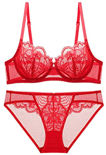 WEITING 2023 Nouveau Ensemble de Soutien-Gorge en Dentelle Ultra Fin - Ensemble de Culotte en Maille Sexy Transparente - Lingerie Femme Taille Plus - A B C D E - 95C 95D - Rouge, 95D