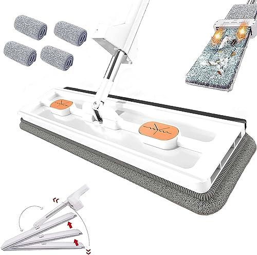 Roseionly - Mopa plana grande, fregona rascadora de deshidratación autónoma con 4 almohadillas de fibra superabsorbentes, mopa mágica giratoria de 360°, fregona plana de microfibra de superficie