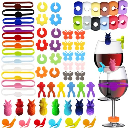 TYXHXTF 65 Pezzi Segnabicchieri Silicone, Segna Bicchieri Calici, Segnabicchieri Colorati Riutilizzabili, Segna Bicchiere Marcatori per Bicchier, Identificatore del Bicchiere di Vino per Feste Bar