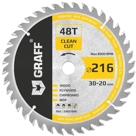 GRAFF 216mm x 30mm x 48 Denti (adattatore da 20 mm) Lama per Sega Circolare per Legno (fine) - Lama per Sega 216 per tagli rapidi di legno tenero e duro - Compatibile con lama per sega Makita e Bosch