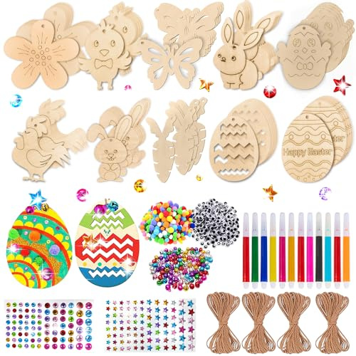 TOPRUNYI Pascua Manualidades de Madera,264 Piezas,Decoracion Pascua,Manualidades de Pascua para Niños,Para Pintar Huevo Pascua de Madera Conejo,Con Cuerda para Colgar de Manualidades niños
