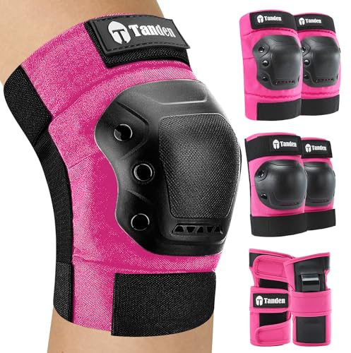 Tanden Skateboard Protective Gear Youth Knee and Elbow Pads Set, Wrist Guards for Roller Skating and Skateboarding - Pink