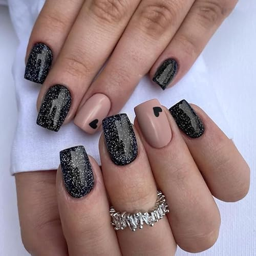 24pcs Short Square False Nails Black Glitter Stick on Nails Heart Design Press on Nail Removable Glue on Full Cover Acrylic Fake Nail Tips Valentines Day Accessories for Women