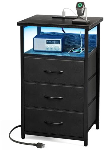 Fixwal Night Stand with 3 Fabric Storage Drawers, LED Nightstand with Charging Station, Bedside Table, Black